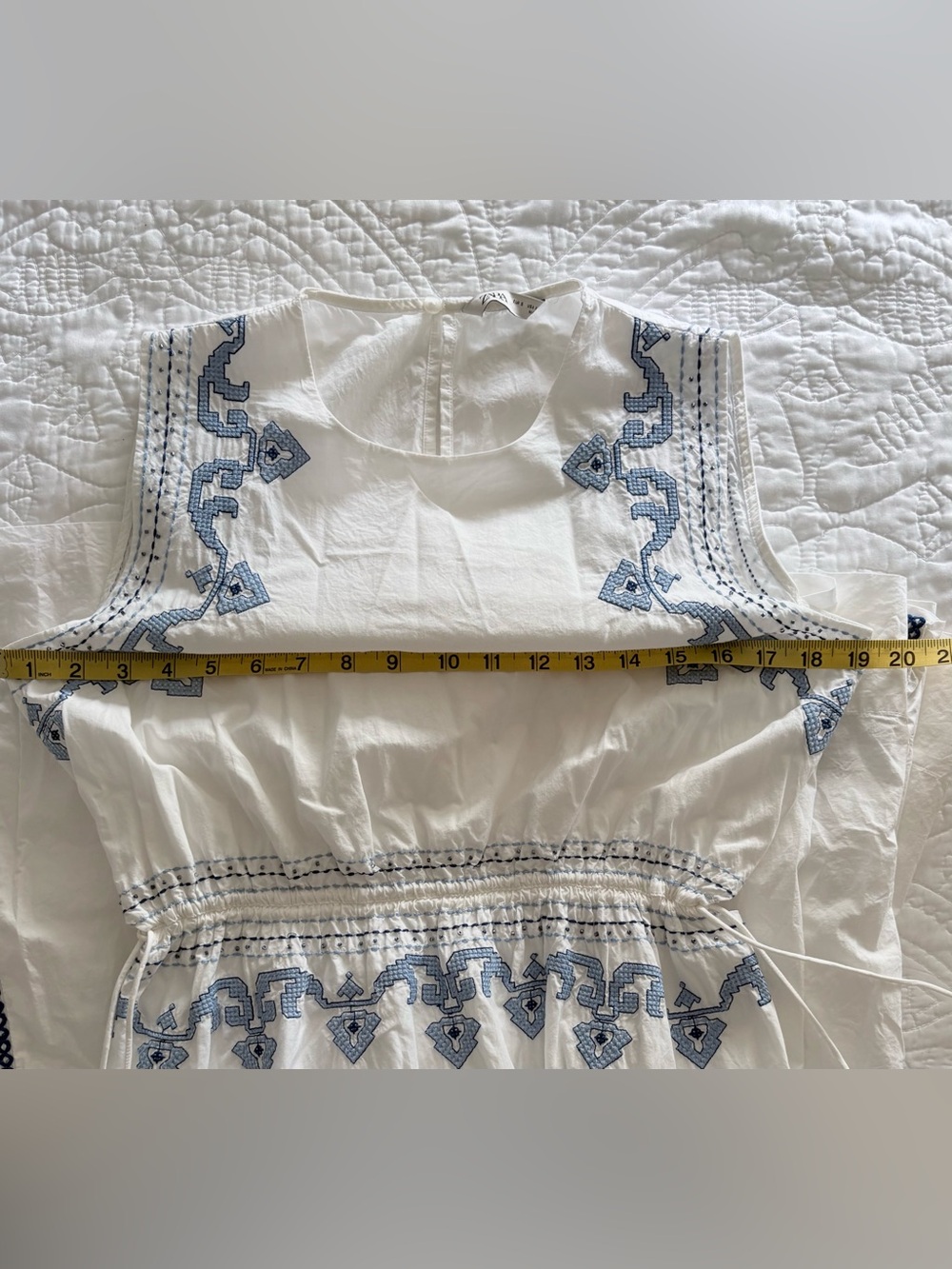 Zara Grecian Inspired White and Blue Embroidered Sleeveless Midi Dress NWOT - Picture 14 of 14